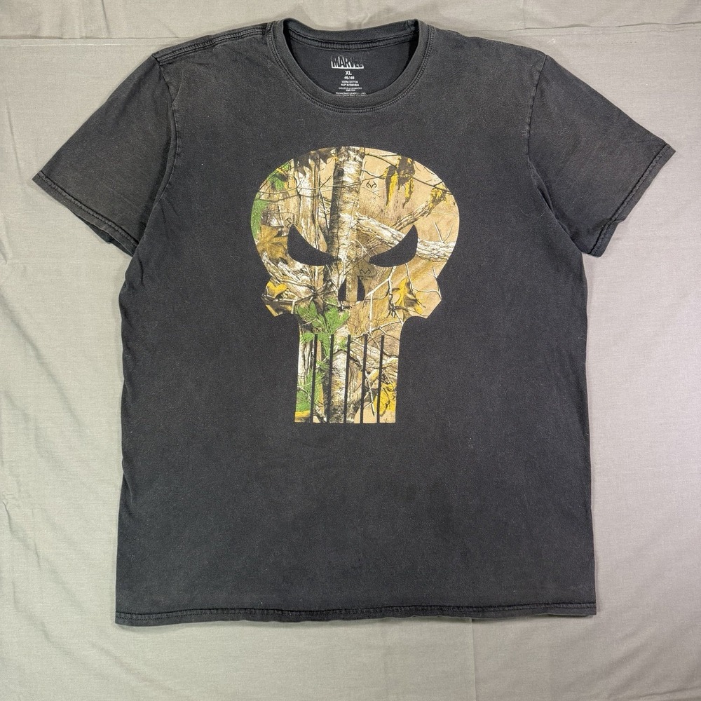 Marvel Punisher Skull RealTree Camo Graphic T-Shirt Mens XL Black Short Sleeve